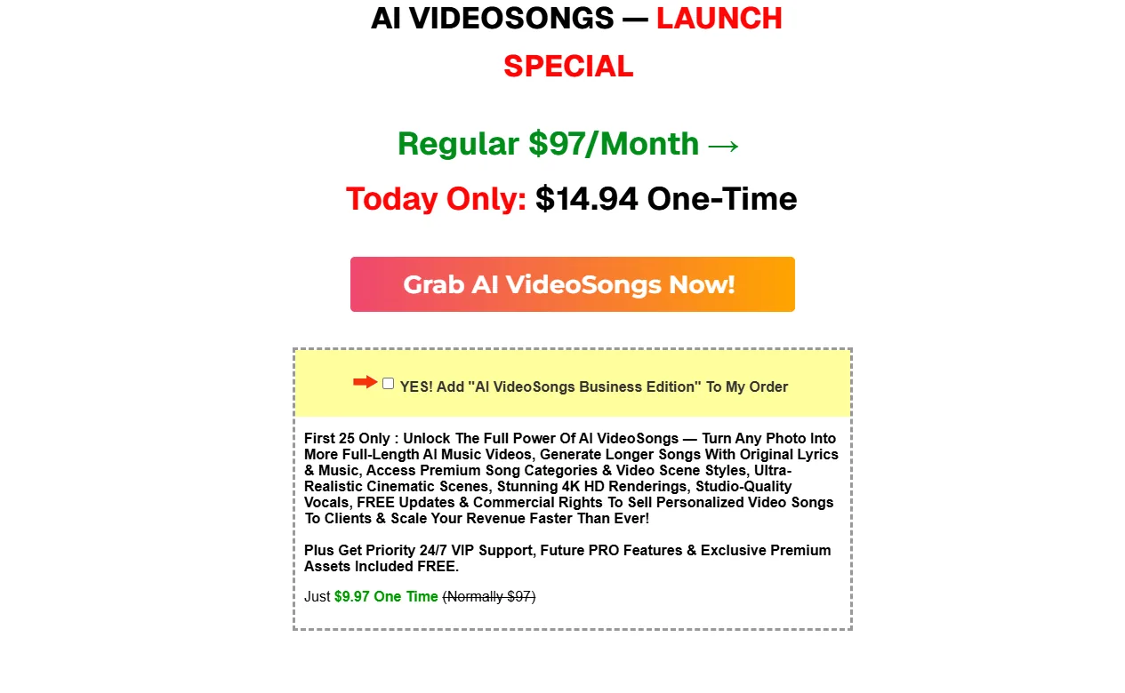 AI VideoSongs pricing on the sales page