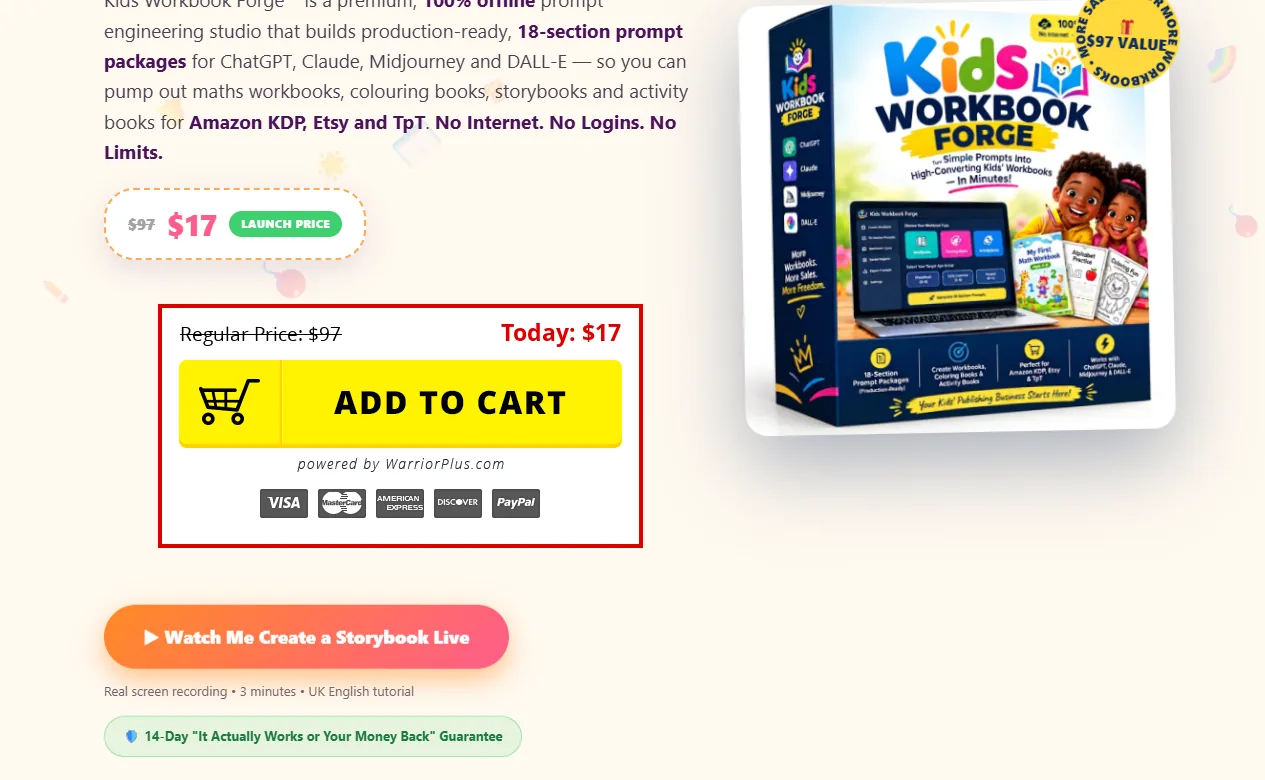 Kids Workbook Forge AI pricing on the sales page