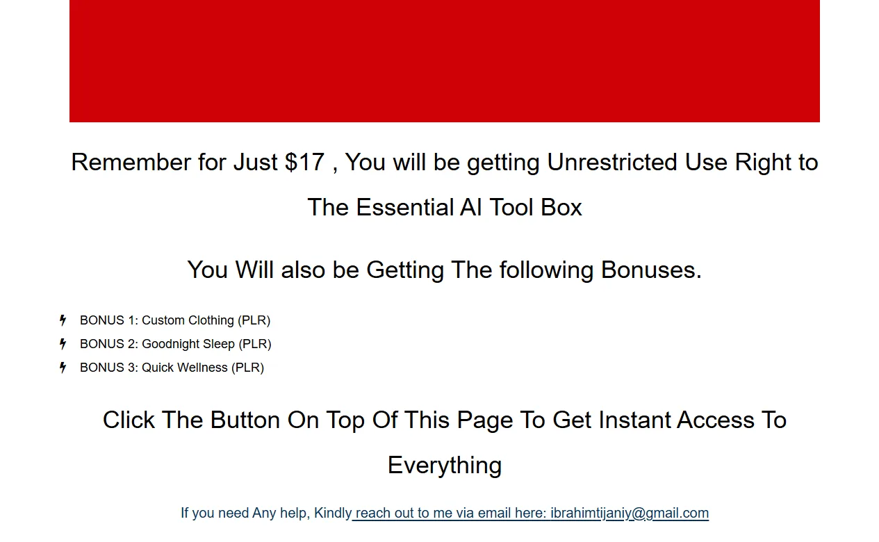 The Essential AI Tool Box pricing on the sales page