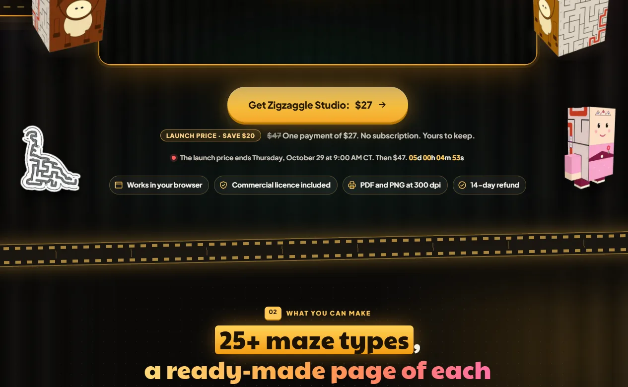 Zigzaggle Studio pricing on the sales page